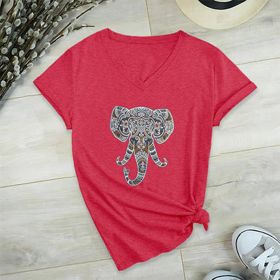 Olivenorma Damen Natur und Tier Elefant V-Ausschnitt T-Shirt - Rot - 2XL - image 15
