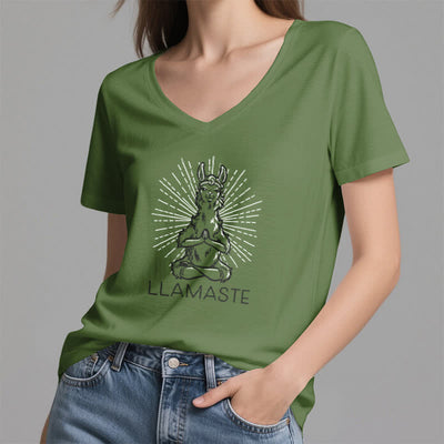 Olivenorma Lustiges Yoga-Lama-Namaste-Workout T-Shirt mit V-Ausschnitt - image 9