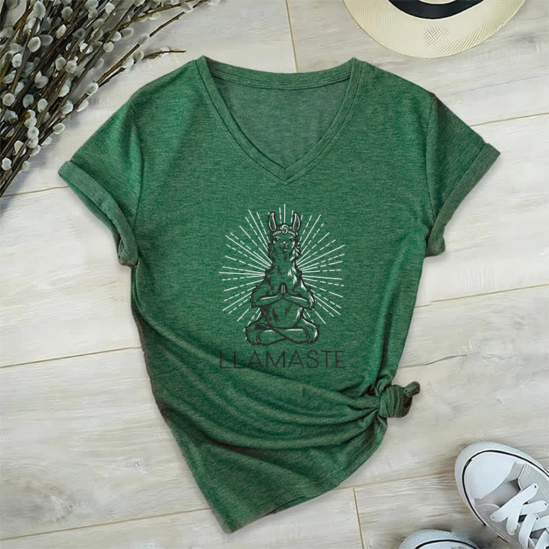Olivenorma Lustiges Yoga-Lama-Namaste-Workout T-Shirt mit V-Ausschnitt - Dunkelgrün - 2XL - image 6