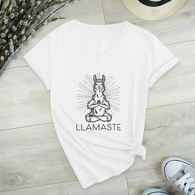 Olivenorma Lustiges Yoga-Lama-Namaste-Workout T-Shirt mit V-Ausschnitt - Weiß - 2XL - image 1
