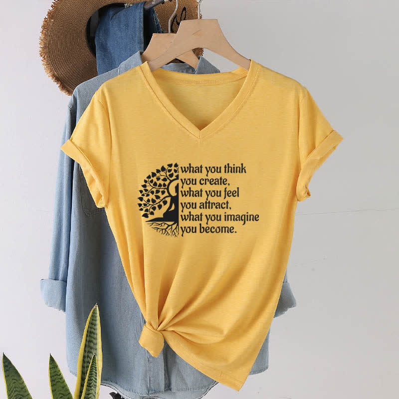 Olivenorma T-Shirt mit V-Ausschnitt „Was du denkst, erschaffst du“ - Gelb - 2XL - image 15
