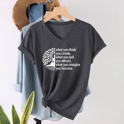 Olivenorma T-Shirt mit V-Ausschnitt „Was du denkst, erschaffst du“ - Grau - 2XL - image 9