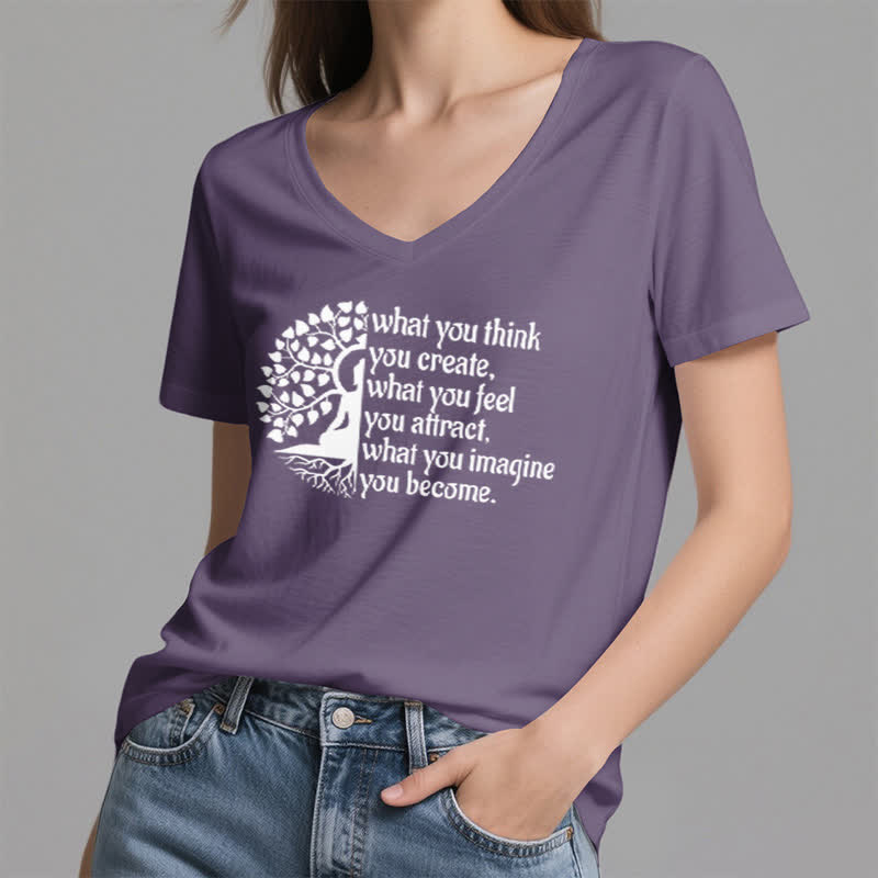Olivenorma T-Shirt mit V-Ausschnitt „Was du denkst, erschaffst du“ - image 26