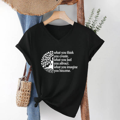 Olivenorma T-Shirt mit V-Ausschnitt „Was du denkst, erschaffst du“ - Schwarz - 2XL - image 11
