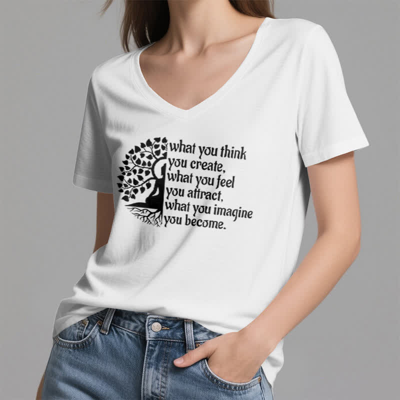 Olivenorma T-Shirt mit V-Ausschnitt „Was du denkst, erschaffst du“ - image 2