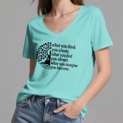 Olivenorma T-Shirt mit V-Ausschnitt „Was du denkst, erschaffst du“ - image 24