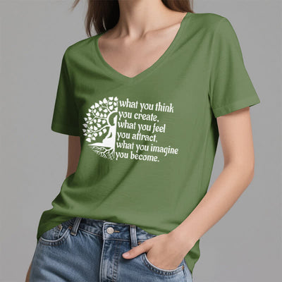 Olivenorma T-Shirt mit V-Ausschnitt „Was du denkst, erschaffst du“ - image 8