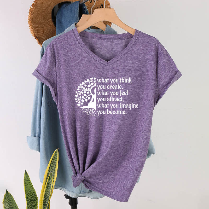 Olivenorma T-Shirt mit V-Ausschnitt „Was du denkst, erschaffst du“ - Lila - 2XL - image 25
