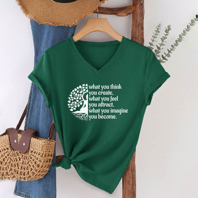 Olivenorma T-Shirt mit V-Ausschnitt „Was du denkst, erschaffst du“ - Dunkelgrün - 2XL - image 5