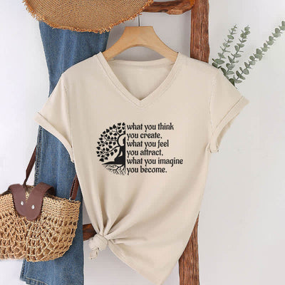 Olivenorma T-Shirt mit V-Ausschnitt „Was du denkst, erschaffst du“ - Khaki - 2XL - image 21