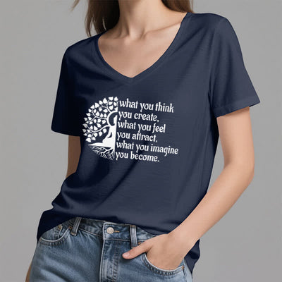 Olivenorma T-Shirt mit V-Ausschnitt „Was du denkst, erschaffst du“ - image 4