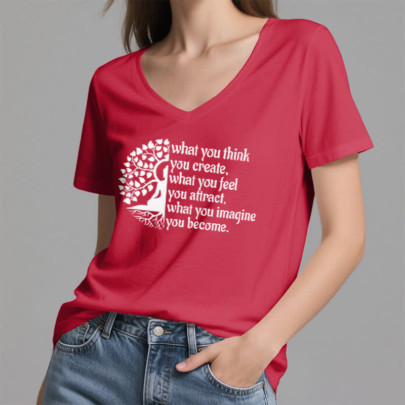 Olivenorma T-Shirt mit V-Ausschnitt „Was du denkst, erschaffst du“ - image 14