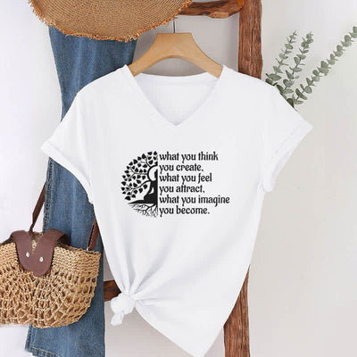 Olivenorma T-Shirt mit V-Ausschnitt „Was du denkst, erschaffst du“ - Weiß - 2XL - image 1