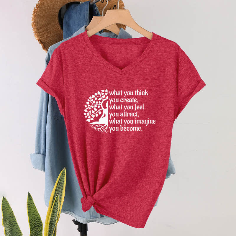Olivenorma T-Shirt mit V-Ausschnitt „Was du denkst, erschaffst du“ - Rot - 2XL - image 13