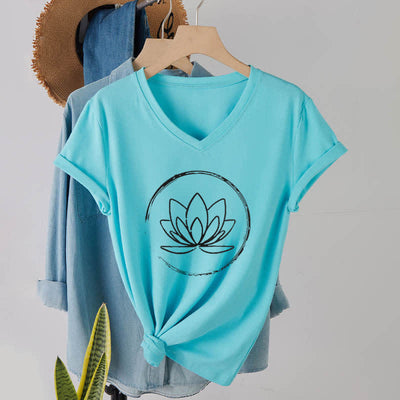 Olivenorma Boho-T-Shirt mit lockerem V-Ausschnitt und Lotusblume - Seeblau - 2XL - image 23