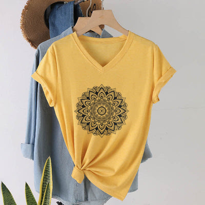 Olivenorma Lotusblume Geometrisches Muster Yoga T-Shirt mit V-Ausschnitt - Gelb - 2XL - image 8