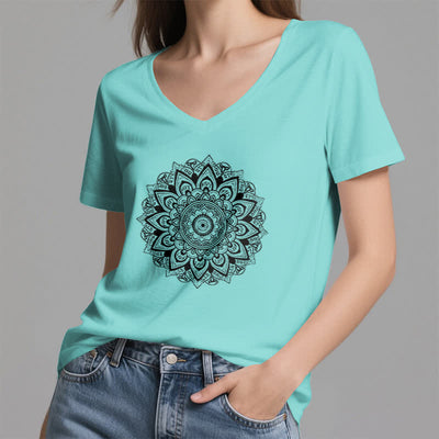 Olivenorma Lotusblume Geometrisches Muster Yoga T-Shirt mit V-Ausschnitt - image 15