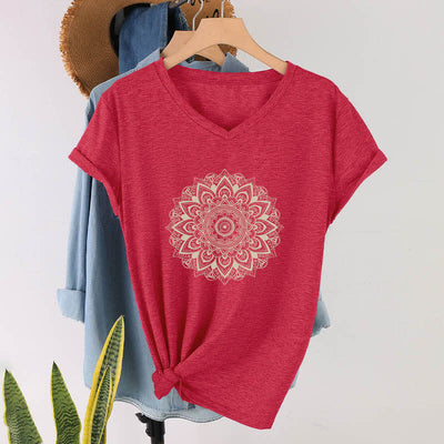 Olivenorma Lotusblume Geometrisches Muster Yoga T-Shirt mit V-Ausschnitt - Rot - 2XL - image 1