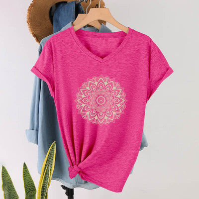 Olivenorma Lotusblume Geometrisches Muster Yoga T-Shirt mit V-Ausschnitt - Rosenrot - 2XL - image 10