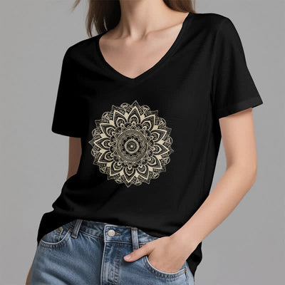 Olivenorma Lotusblume Geometrisches Muster Yoga T-Shirt mit V-Ausschnitt - image 14