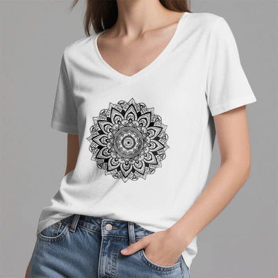 Olivenorma Lotusblume Geometrisches Muster Yoga T-Shirt mit V-Ausschnitt - image 26