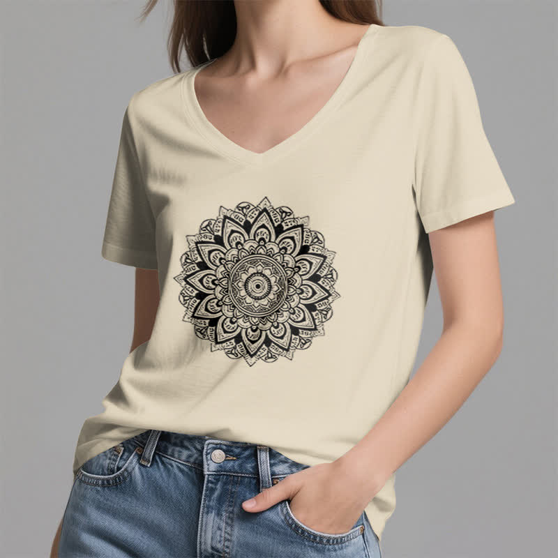 Olivenorma Lotusblume Geometrisches Muster Yoga T-Shirt mit V-Ausschnitt - image 21