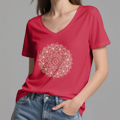 Olivenorma Lotusblume Geometrisches Muster Yoga T-Shirt mit V-Ausschnitt - image 22