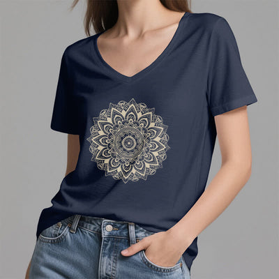 Olivenorma Lotusblume Geometrisches Muster Yoga T-Shirt mit V-Ausschnitt - image 24
