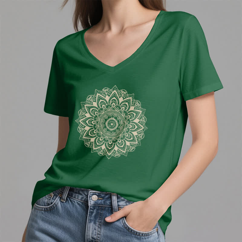 Olivenorma Lotusblume Geometrisches Muster Yoga T-Shirt mit V-Ausschnitt - image 19