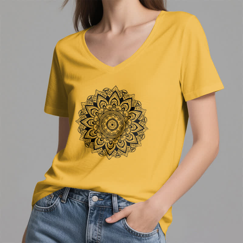 Olivenorma Lotusblume Geometrisches Muster Yoga T-Shirt mit V-Ausschnitt - image 20