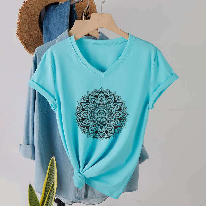 Olivenorma Lotusblume Geometrisches Muster Yoga T-Shirt mit V-Ausschnitt - Seeblau - 2XL - image 12