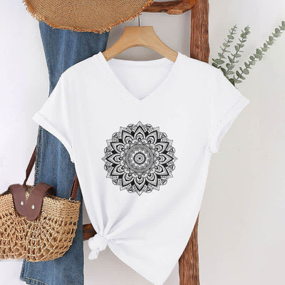 Olivenorma Lotusblume Geometrisches Muster Yoga T-Shirt mit V-Ausschnitt - Weiß - 2XL - image 2