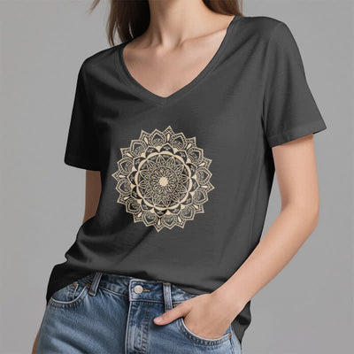 Olivenorma Mandala Lotus Boho Flower Yoga T-Shirt mit V-Ausschnitt - image 2