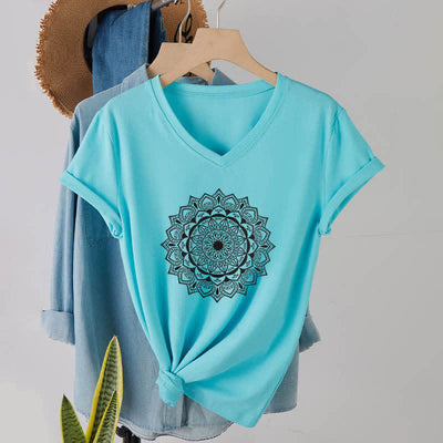 Olivenorma Mandala Lotus Boho Flower Yoga T-Shirt mit V-Ausschnitt - Seeblau - 2XL - image 23