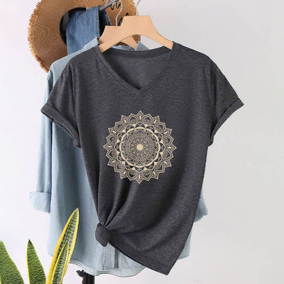Olivenorma Mandala Lotus Boho Flower Yoga T-Shirt mit V-Ausschnitt - Grau - 2XL - image 1