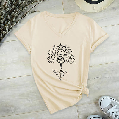 Olivenorma Yoga Baumpose T-Shirt mit V-Ausschnitt - Khaki - 2XL - image 12