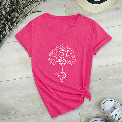 Olivenorma Yoga Baumpose T-Shirt mit V-Ausschnitt - Rosenrot - 2XL - image 11