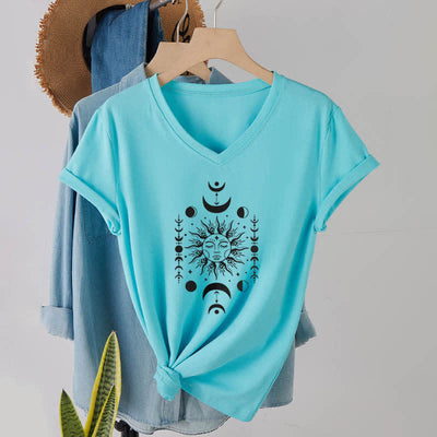 Olivenorma Sonne und Mond Ästhetisches Yoga T-Shirt mit V-Ausschnitt - Seeblau - image 23
