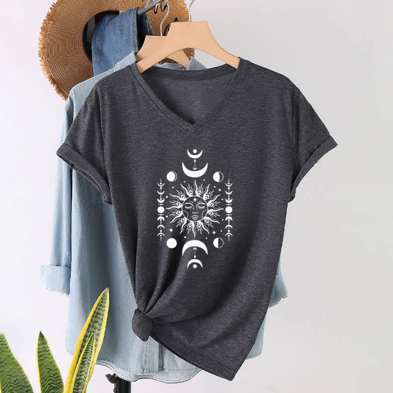 Olivenorma Sonne und Mond Ästhetisches Yoga T-Shirt mit V-Ausschnitt - Grau - image 9
