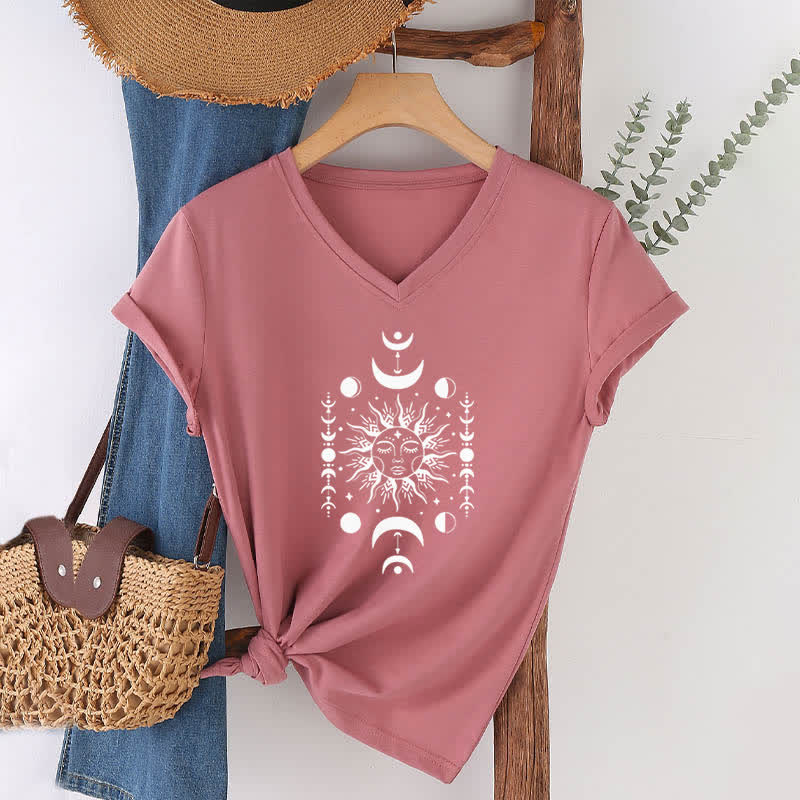 Olivenorma Sonne und Mond Ästhetisches Yoga T-Shirt mit V-Ausschnitt - Rosa - 2XL - image 17