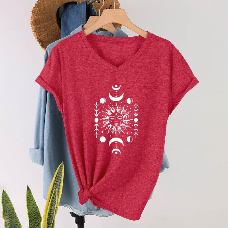 Olivenorma Sonne und Mond Ästhetisches Yoga T-Shirt mit V-Ausschnitt - Rot - image 13