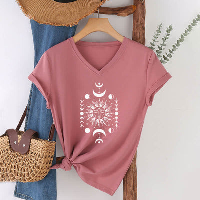 Olivenorma Sonne und Mond Ästhetisches Yoga T-Shirt mit V-Ausschnitt - Rosa - image 17