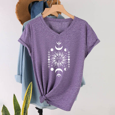Olivenorma Sonne und Mond Ästhetisches Yoga T-Shirt mit V-Ausschnitt - Lila - image 25