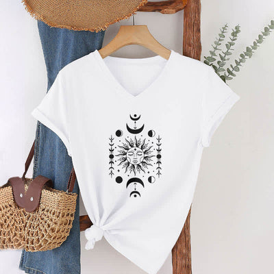 Olivenorma Sonne und Mond Ästhetisches Yoga T-Shirt mit V-Ausschnitt - Weiß - image 1