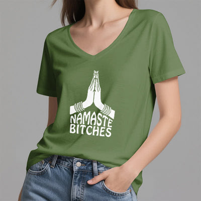 Olivenorma Lustiges Namaste Meditation Yoga T-Shirt mit V-Ausschnitt - image 9