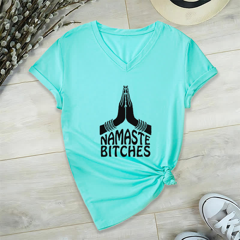 Olivenorma Lustiges Namaste Meditation Yoga T-Shirt mit V-Ausschnitt - Seeblau - 2XL - image 24