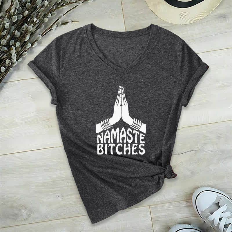 Olivenorma Lustiges Namaste Meditation Yoga T-Shirt mit V-Ausschnitt - Grau - 2XL - image 10