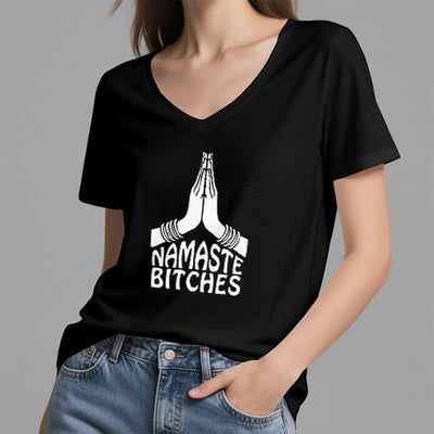 Olivenorma Lustiges Namaste Meditation Yoga T-Shirt mit V-Ausschnitt - image 13