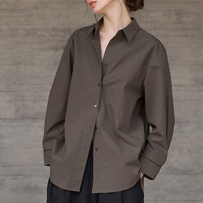 Olivenorma Button-Down-Langarm-Baumwoll-Oversize-Kragenoberteil Damenhemd - Kaffee - L - image 0