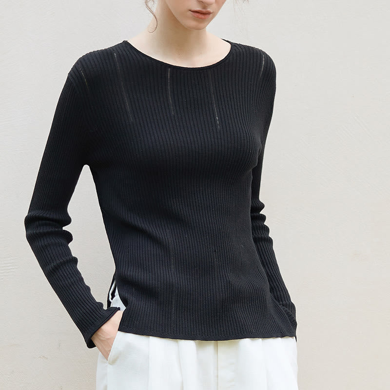Olivenorma Langarm Blusen Shirt Rippstrick Schlitze Top Frauen Sweatshirt - Schwarz - Einheitsgröße - image 0